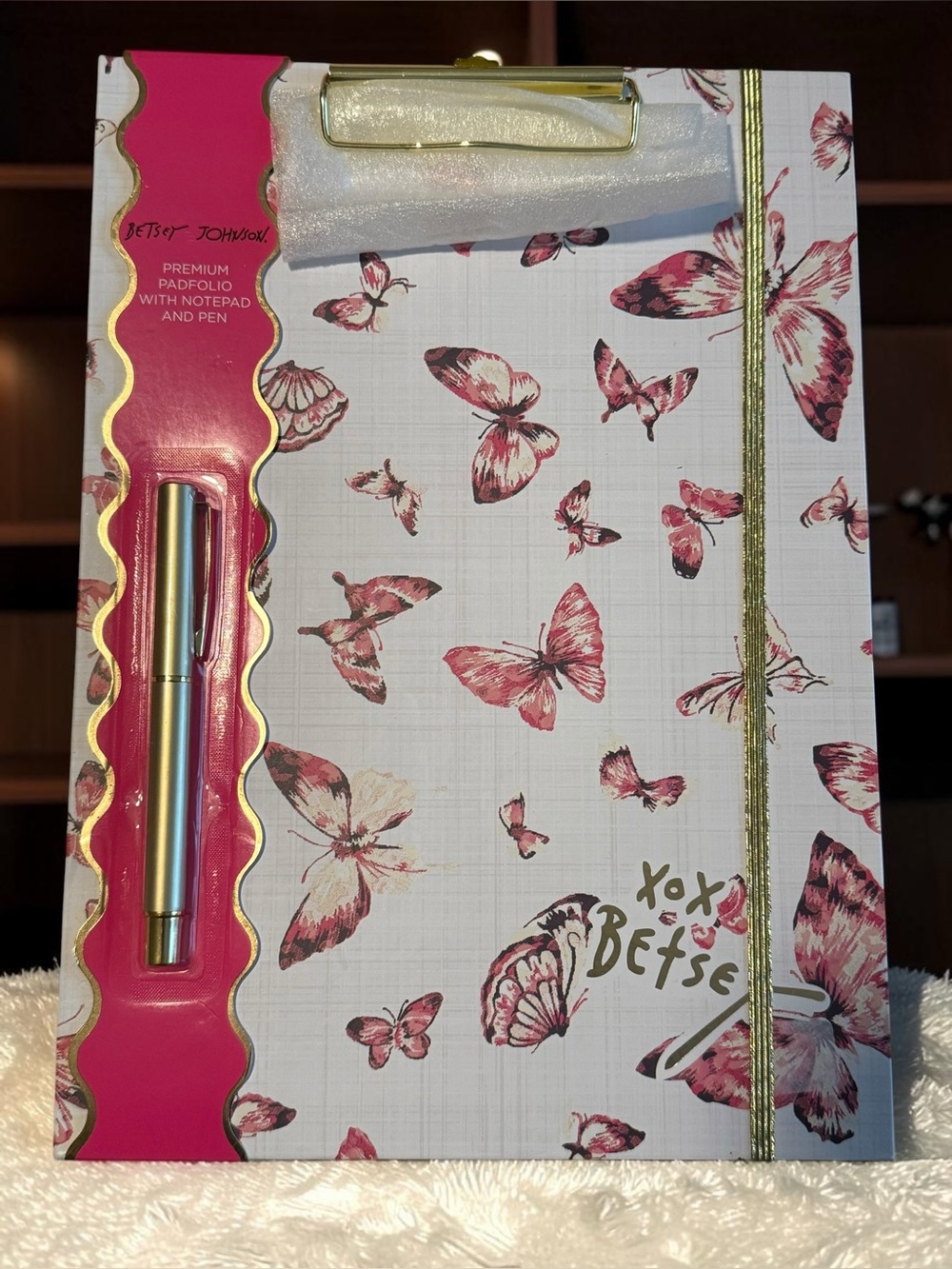 Betsey Johnson White & Pink Butterfly Padfolio with Pen